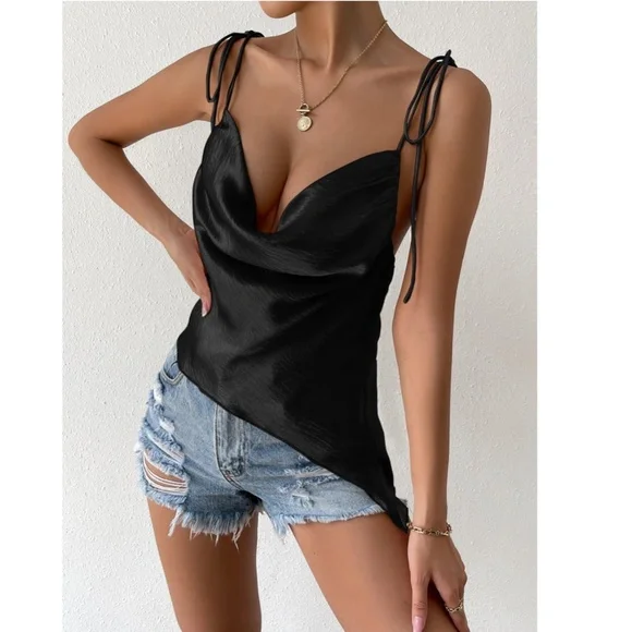 Black Glamorous Cowl Neck Ties Straps Camisole Top Satin - Picture 5 of 10